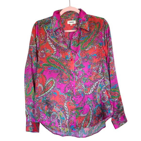 L'AGENCE Tyler Paisley Print Silk Shirt Rhodamine Bright Pop Size XS Pink - Picture 1 of 7